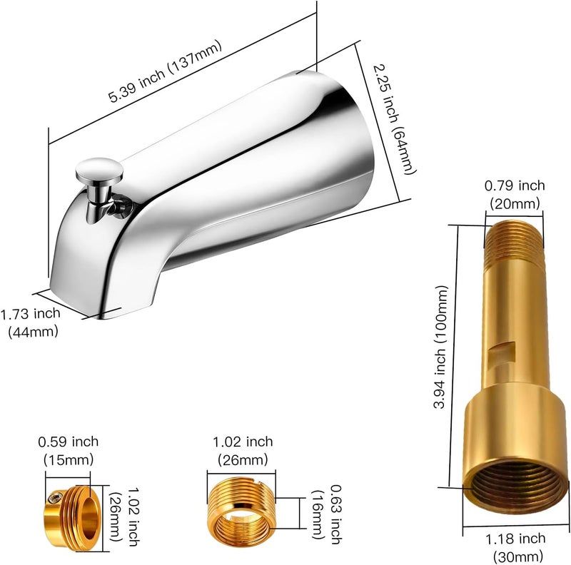 ZXFENG Metal Chromel Bathtub Spout with Diverter, All Metal,5.3 Inch Tub Spout, Fits 1/2" Copper Slip-On and 1/2" or 3/4" IPS Threaded Pipes, Leak-Free, Slip Fit Tub Spout with Pull-Up Diverter - Image 2